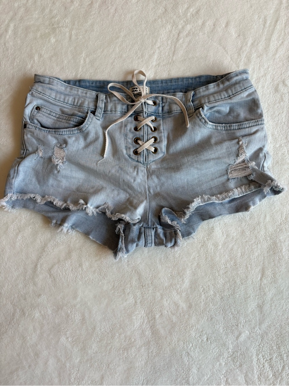 Billabong Light Blue Lace-Up Distressed Denim Shorts
